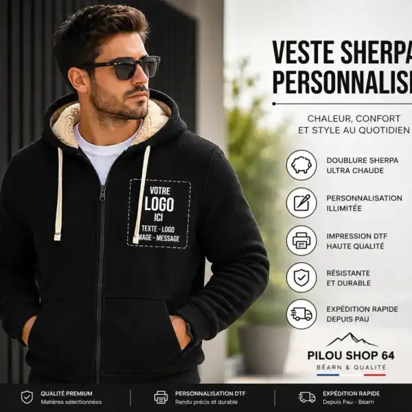 veste sherpa personnalisée homme impression DTF premium veste chaude personnalisable logo entreprise pilou shop 64 Pau