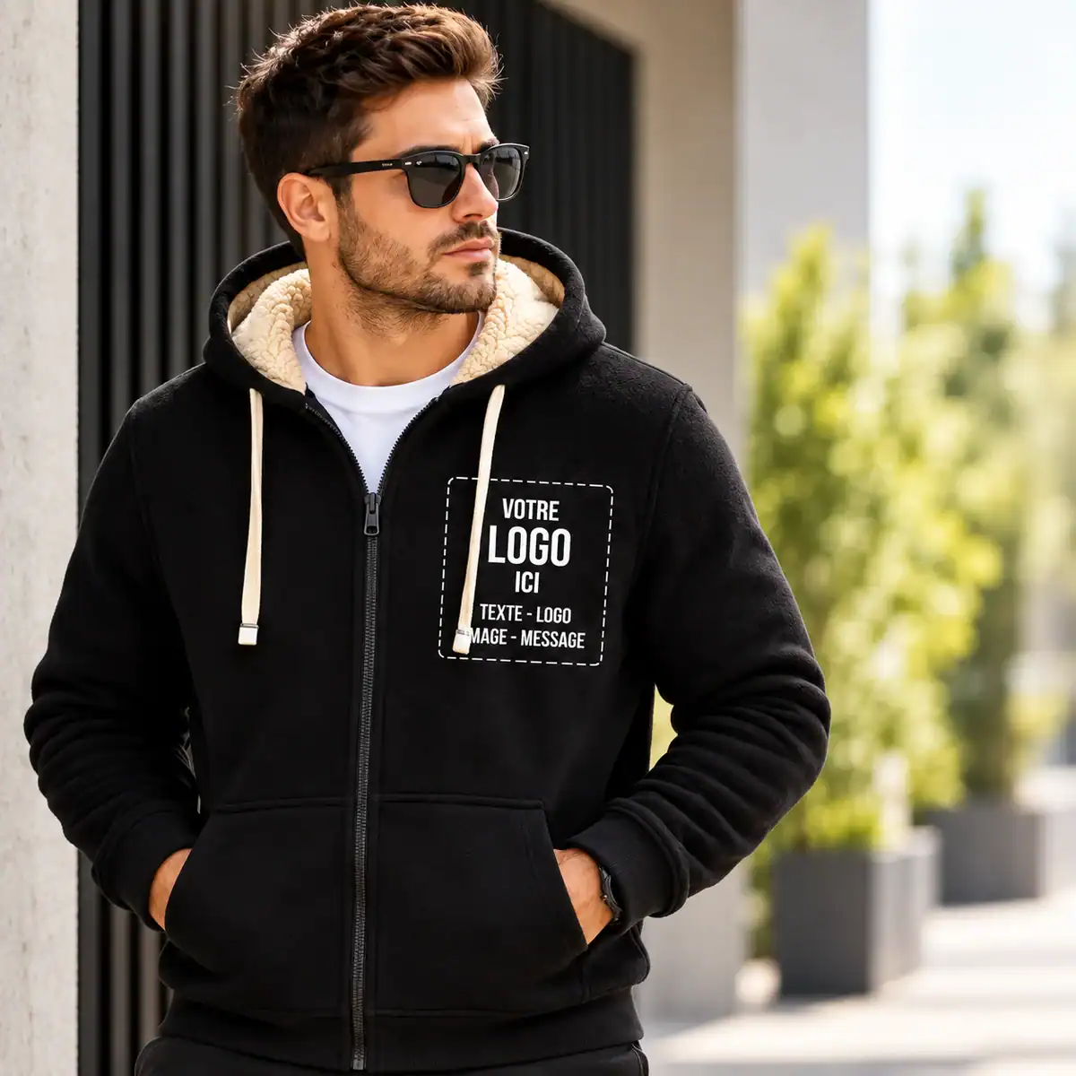 Veste sherpa personnalisée avec logo, texte, image ou message – impression DTF à Pau