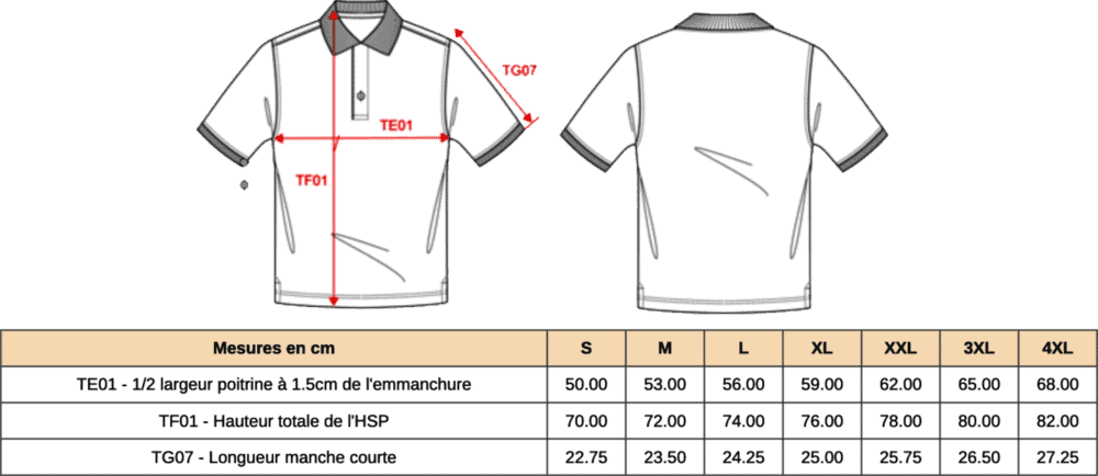 Croquis et tableau des tailles de polo homme.