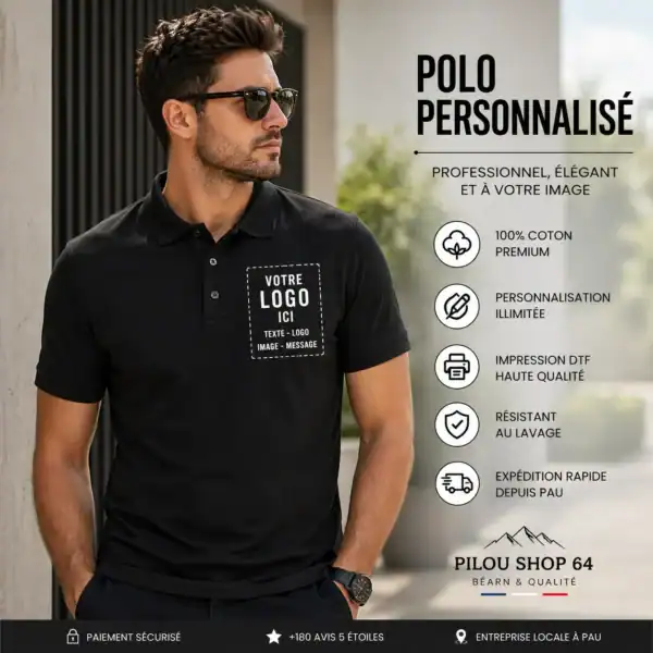 polo personnalisé homme – impression dtf premium, logo, texte ou visuel