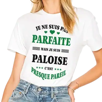 T-shirt femme “Je ne suis pas parfaite mais je suis Paloise” porté – message humour Paloise vert noir – Pilou Shop 64