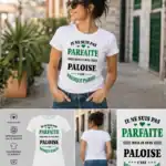 T-shirt femme blanc humour paloise je ne suis pas parfaite mais paloise design vert