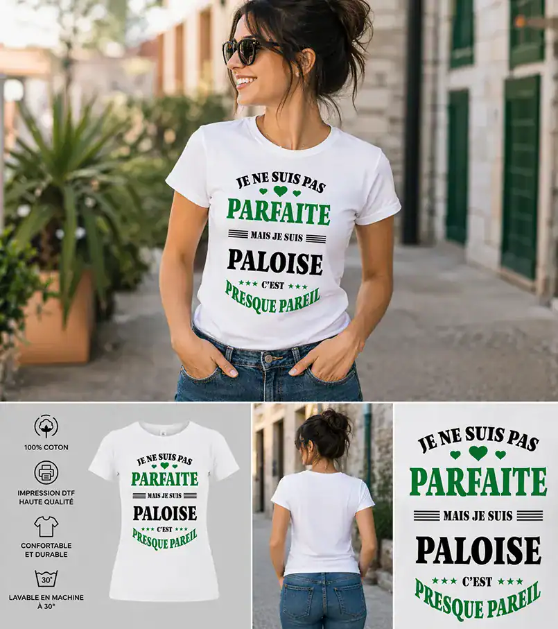 T-shirt femme blanc humour paloise je ne suis pas parfaite mais paloise design vert