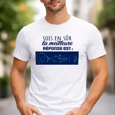 t shirt humour – “sois en sûr la meilleure réponse est…” (rébus)