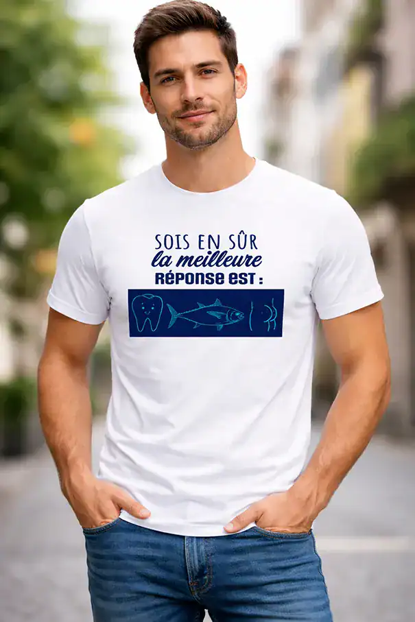 t shirt humour – “sois en sûr la meilleure réponse est…” (rébus)