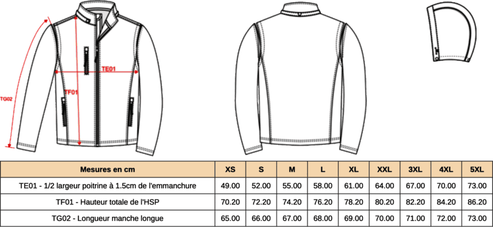 Guide tailles veste et mesures illustrées.