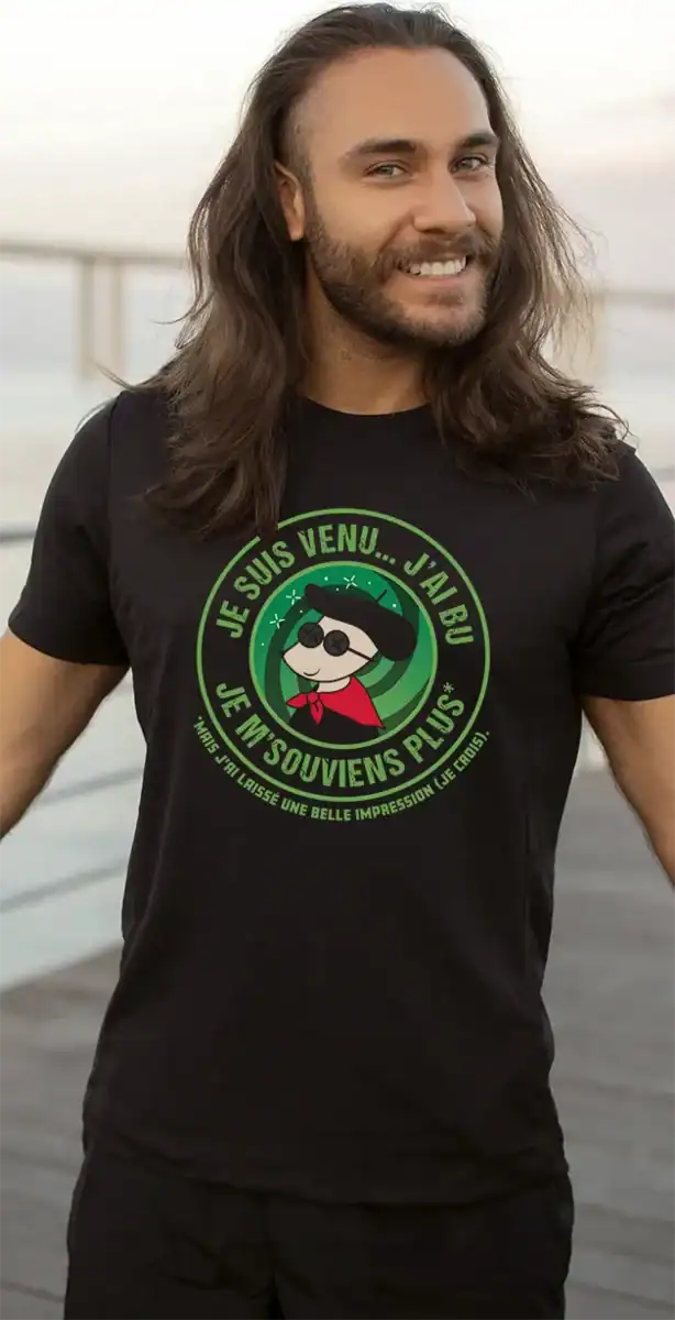 T-shirt noir humour alcool avec message drôle et visuel circulaire imprimé en DTF haute qualité – Pilou Shop 64 porté par un homme un lendemain de cuite
