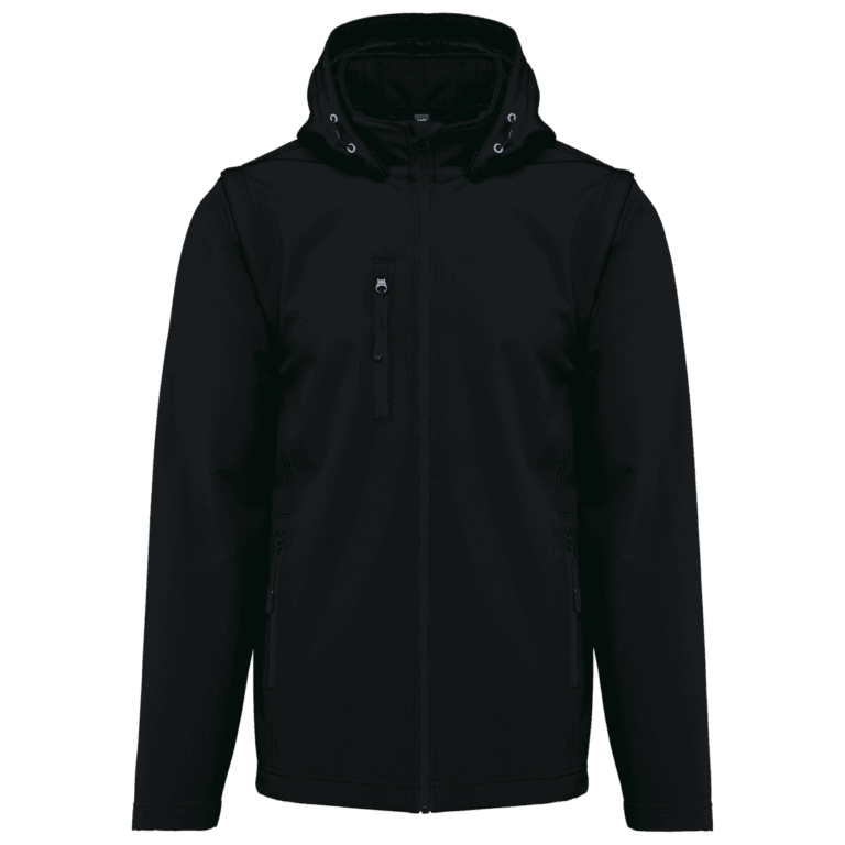 Veste noire à capuche et fermeture éclair.