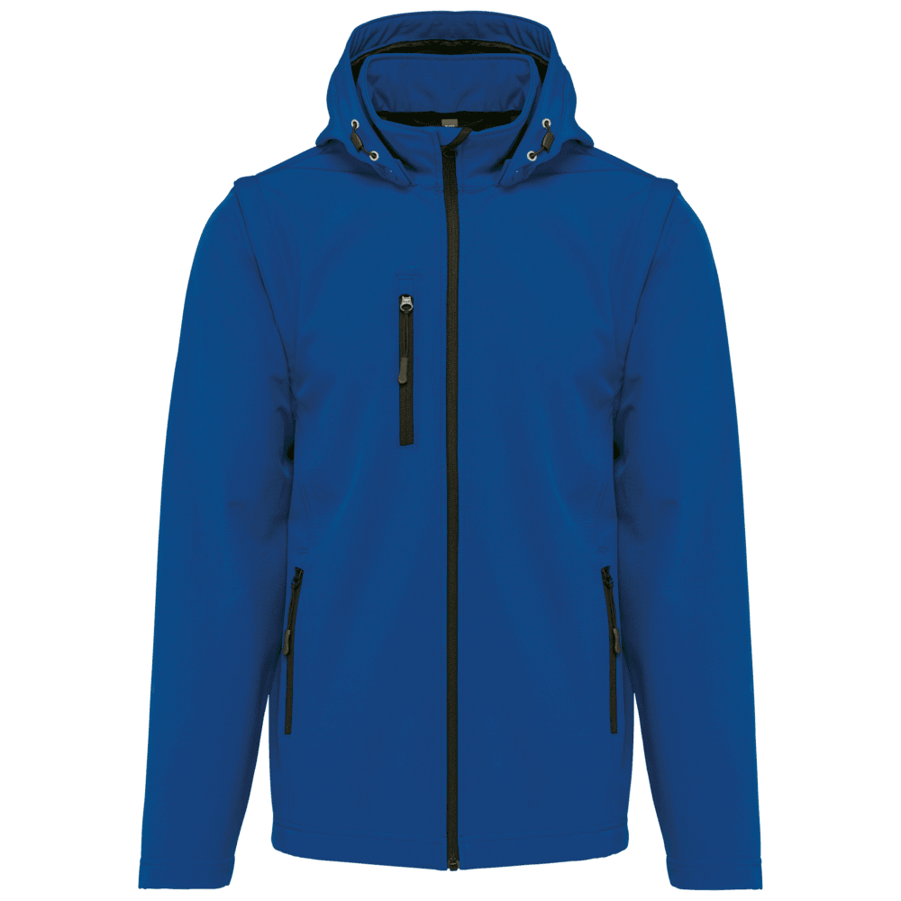 Veste bleue avec capuche et fermetures éclair.