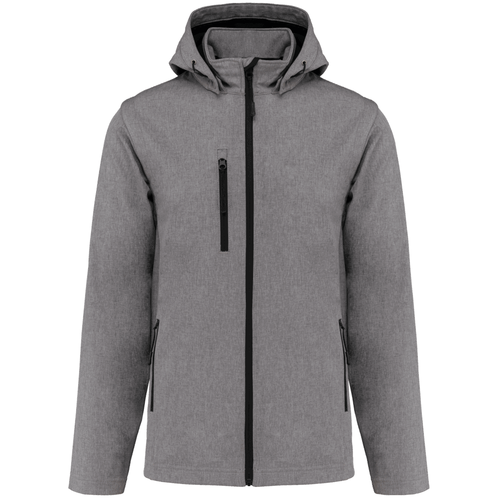 Veste grise avec capuche, trois poches zippées.