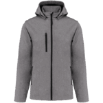 Veste grise avec capuche, trois poches zippées.