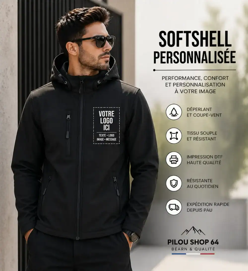 softshell personnalisée homme noir vue lifestyle avec logo personnalisable sur poitrine marquage DTF premium Pilou Shop 64 Pau