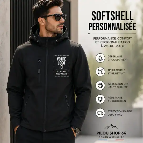 softshell personnalisée homme noir vue lifestyle avec logo personnalisable sur poitrine marquage DTF premium Pilou Shop 64 Pau