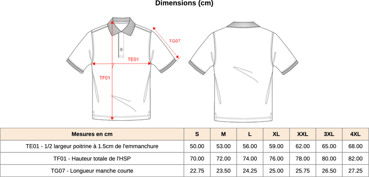 Guide des tailles d'un polo en centimètres.