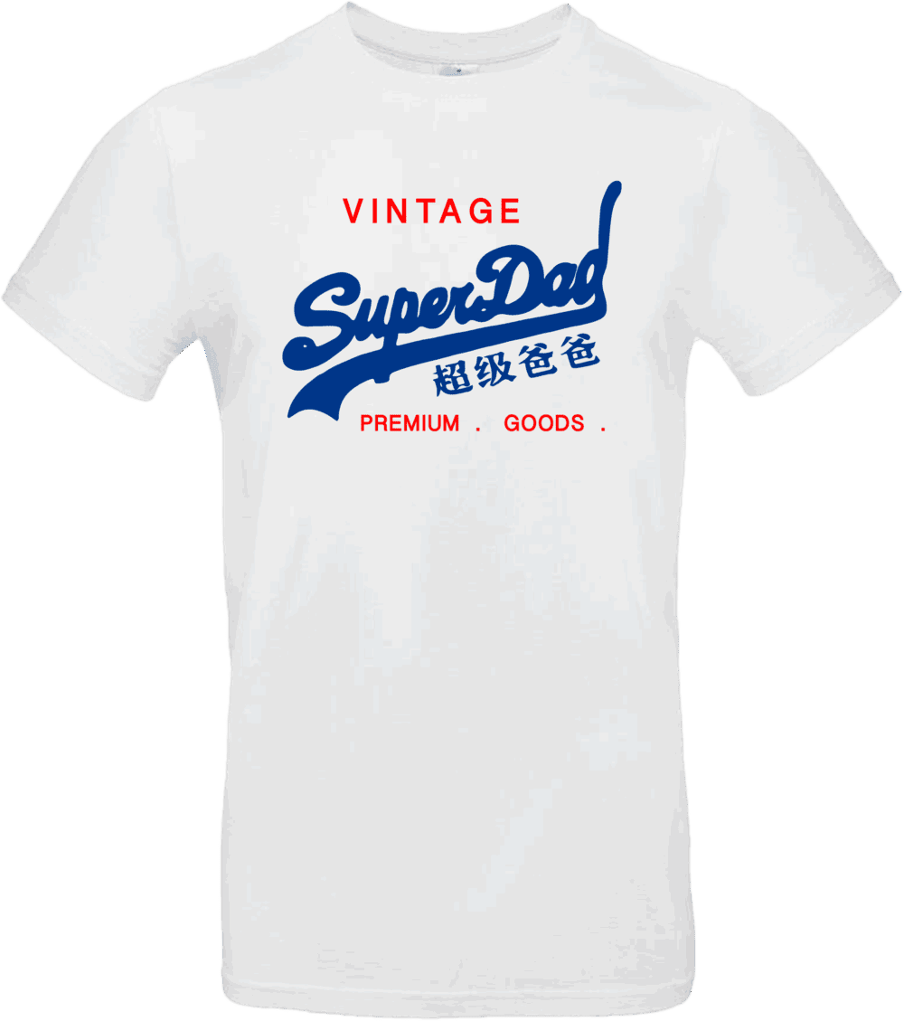 Pilou Shop 64 – T-shirt blanc SuperDad Vintage, parodie du style Superdry, inscription verte “Vintage SuperDad” avec caractères asiatiques et texte Premium Goods