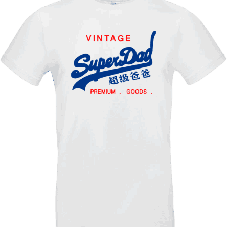 Pilou Shop 64 – T-shirt blanc SuperDad Vintage, parodie du style Superdry, inscription verte “Vintage SuperDad” avec caractères asiatiques et texte Premium Goods