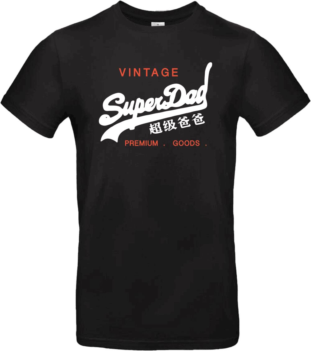Pilou Shop 64 – T-shirt noir SuperDad Vintage, parodie du style Superdry, inscription blanche et orange “Vintage SuperDad” avec caractères asiatiques et texte Premium Goods