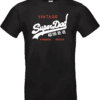 Pilou Shop 64 – T-shirt noir SuperDad Vintage, parodie du style Superdry, inscription blanche et orange “Vintage SuperDad” avec caractères asiatiques et texte Premium Goods