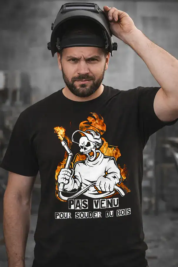 t shirt soudeur pas venu pour souder du bois design squelette flamme impression dtf pilou shop 64