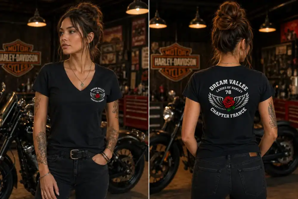 T-shirt femme noir Dream Vallée Chapter France porté par femme style biker en garage moto vue face et dos