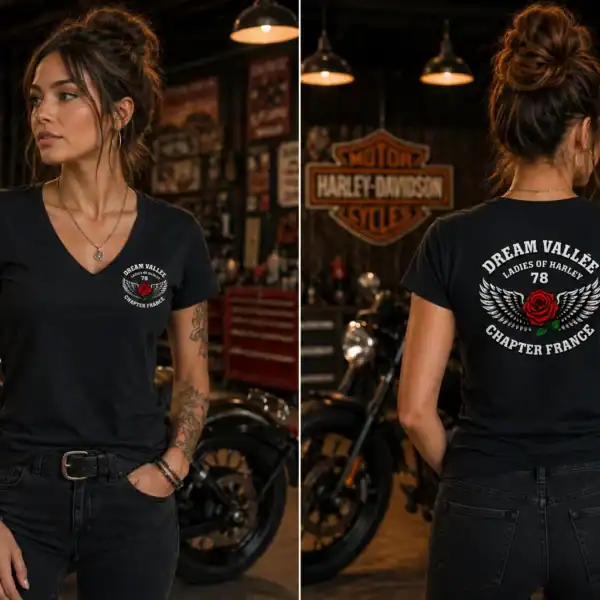 T-shirt femme noir Dream Vallée Chapter France porté par femme style biker en garage moto vue face et dos