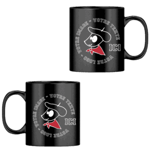 Tasses noires personnalisables avec logo et texte.