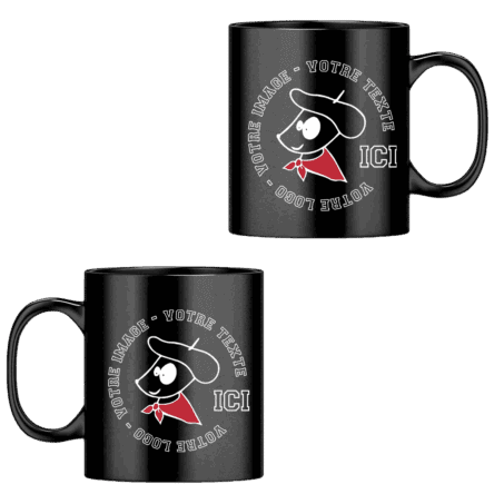 Tasses noires personnalisables avec logo et texte.