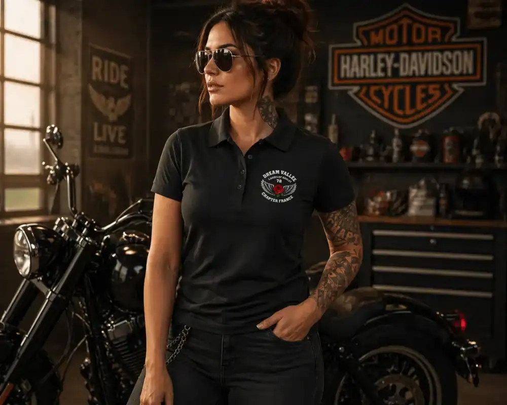 Polo femme noir Dream Vallée Chapter France porté par femme style biker en garage moto vue face et dos