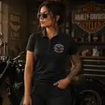 Polo femme noir Dream Vallée Chapter France porté par femme style biker en garage moto vue face et dos