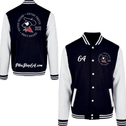 Blouson varsity bleu et blanc personnalisé.
