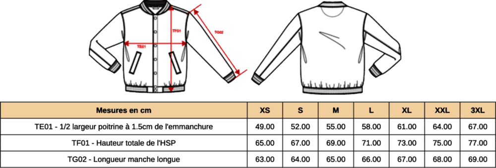 Guide des tailles blouson Teddy unisexe Pilou Shop 64