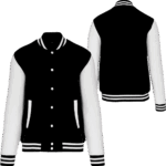 Blouson varsity noir et blanc, devant et dos.