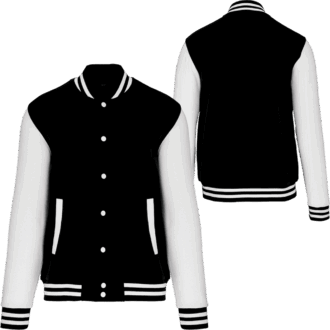 Blouson varsity noir et blanc, devant et dos.
