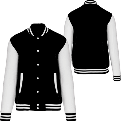 Blouson varsity noir et blanc, devant et dos.