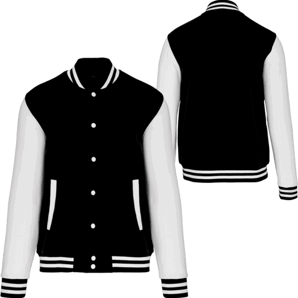 Blouson varsity noir et blanc, devant et dos.