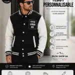 Teddy personnalisable noir et blanc porté par un homme style urbain avec marquage “votre logo ici” veste college premium Pilou Shop 64 impression DTF haute qualité