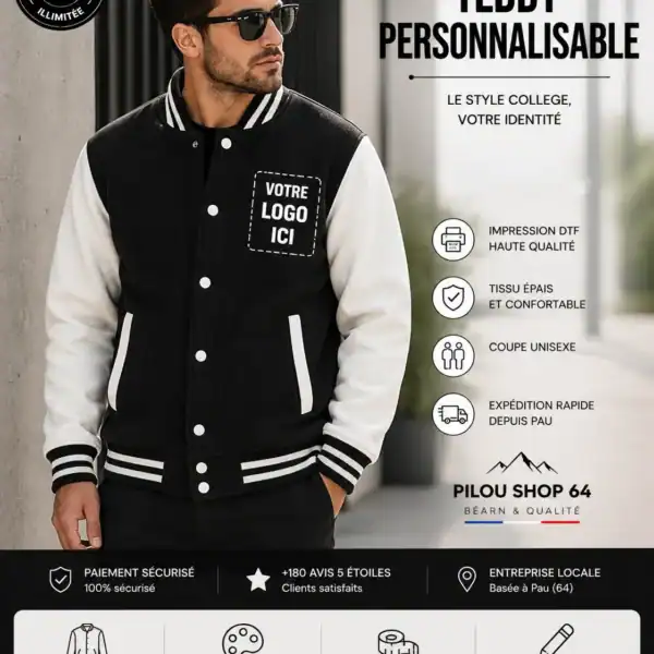 Teddy personnalisable noir et blanc porté par un homme style urbain avec marquage “votre logo ici” veste college premium Pilou Shop 64 impression DTF haute qualité