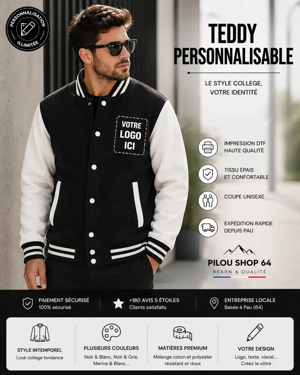 Teddy personnalisable noir et blanc porté par un homme style urbain avec marquage “votre logo ici” veste college premium Pilou Shop 64 impression DTF haute qualité
