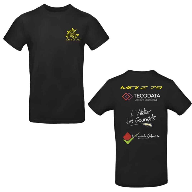 T-shirt noir avec logos sponsors devant/derrière.