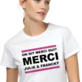 T shirt personnalisé On dit merci qui merci avec prénoms noir et blanc impression DTF premium