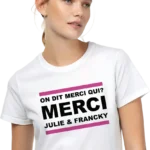 T shirt personnalisé On dit merci qui merci avec prénoms noir et blanc impression DTF premium