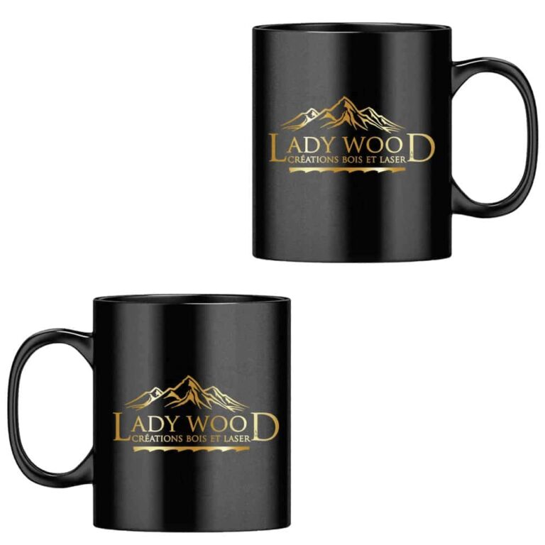 Deux mugs noirs avec logo "Lady Wood".
