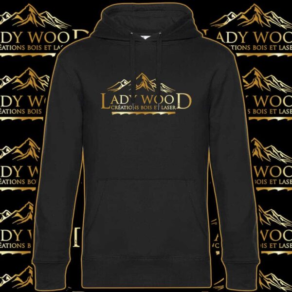 Sweat à capuche noir "Lady Wood" logo doré.