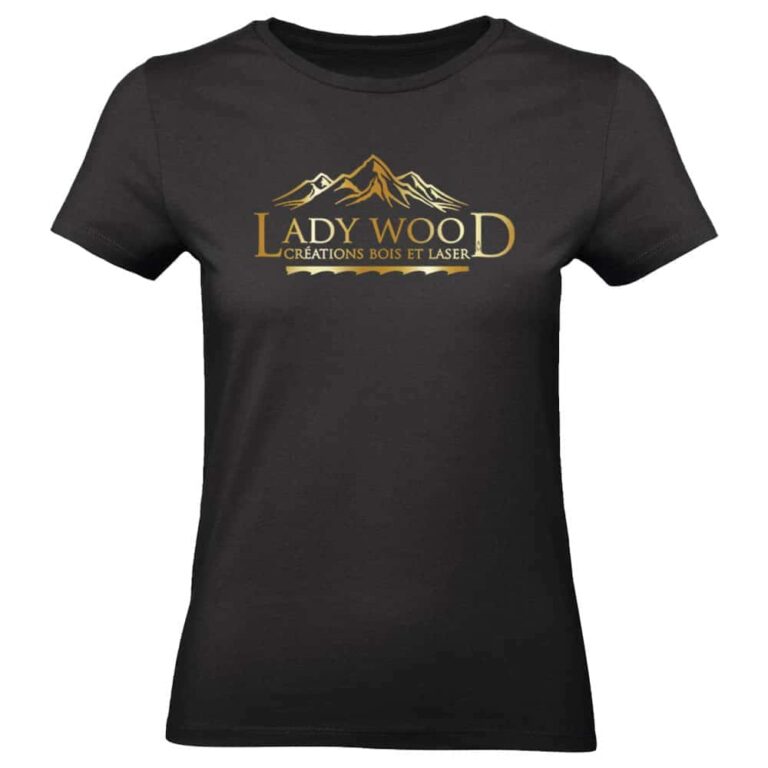 T-shirt Lady Wood, logo montagnes et écriture dorée.