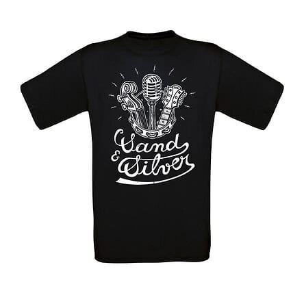 T-shirt noir avec illustration micro et guitares.