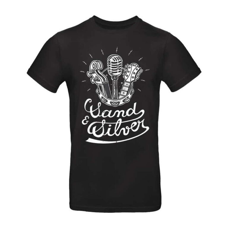 T-shirt noir, dessin micro et guitare.