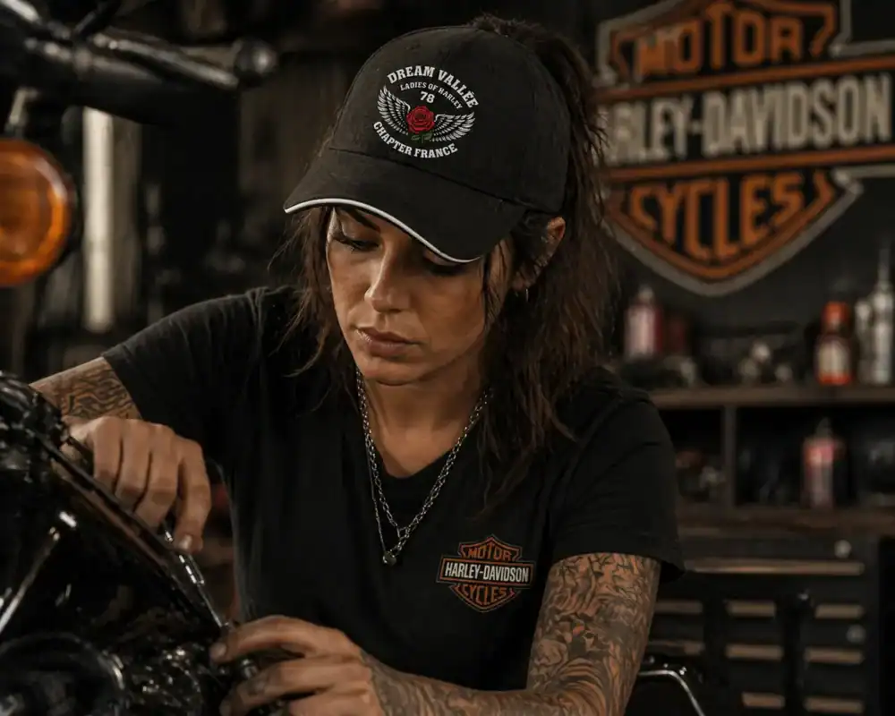 Casquette noire Dream Vallée Chapter France portée par femme style biker en garage moto