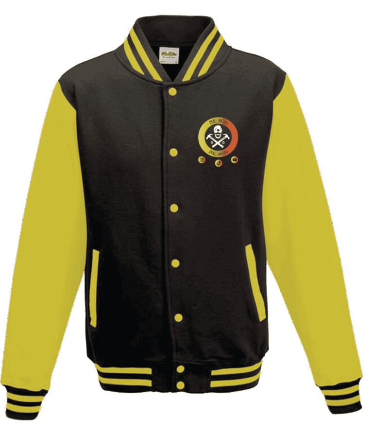 Veste universitaire noire et jaune avec logo.