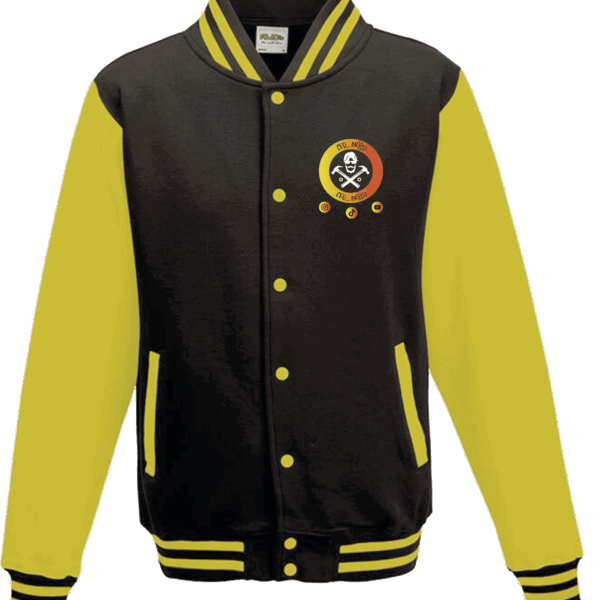 Veste universitaire noire et jaune avec logo.
