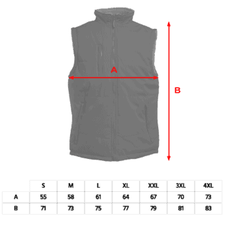 Gilet noir avec tableau des tailles détaillé